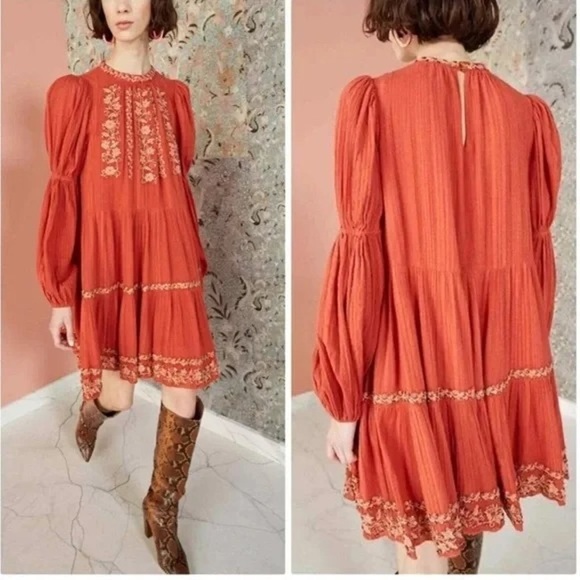 Ulla Johnson Ceres Rust Red Embroidered Embellished Sequin Beaded Dress 4